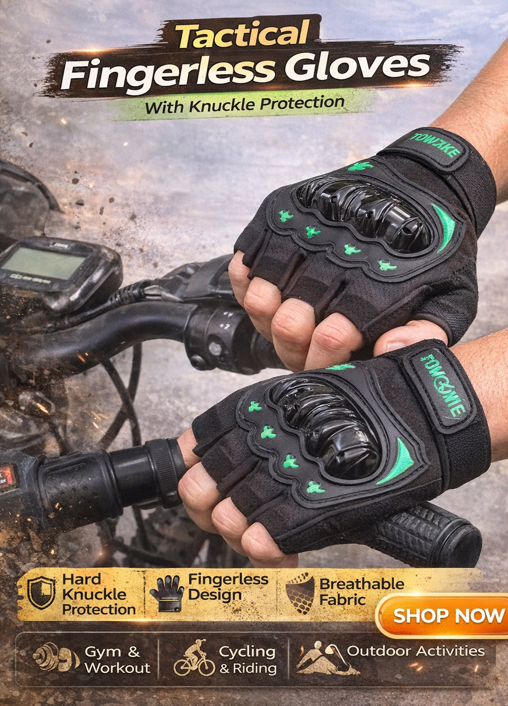 Tactical Fingerless Gloves with Knuckle Protection – Black & Green
